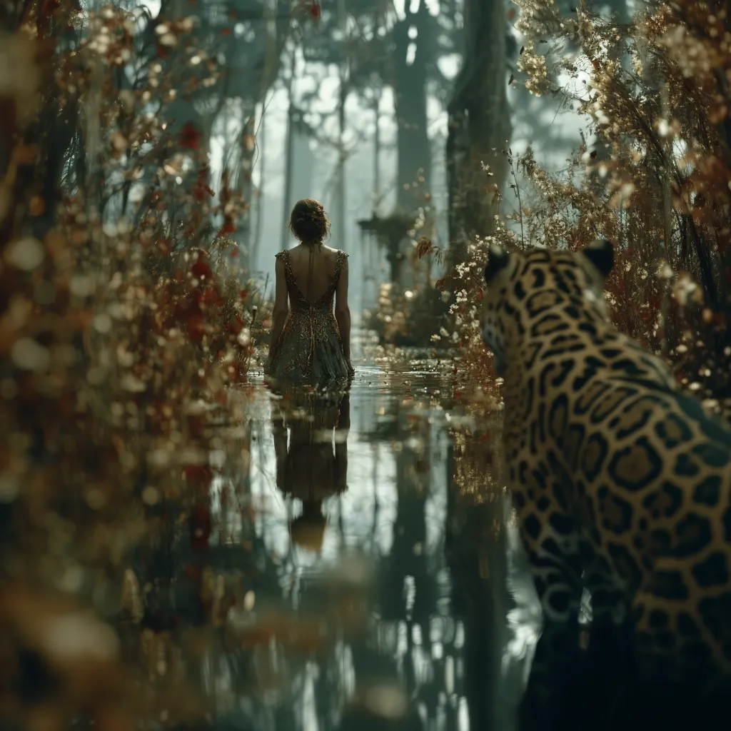 Jaguar im Sumpf Frau beobachtend, Eine Frau steht verlorem im Sumpf mit dem Rücken zum Betrachter